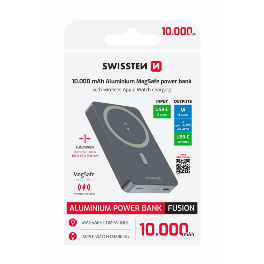 Swissten PowerBank Fusion 10000 mAh s nabíjaním Apple Watch (kompatibilný s MagSafe) - strieborná