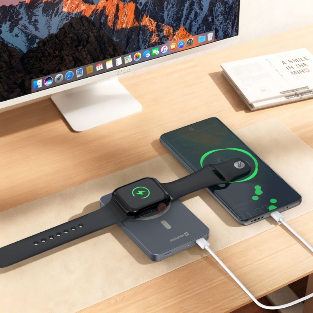 Swissten PowerBank Fusion 5000 mAh s nabíjaním Apple Watch (kompatibilný s MagSafe) - strieborná