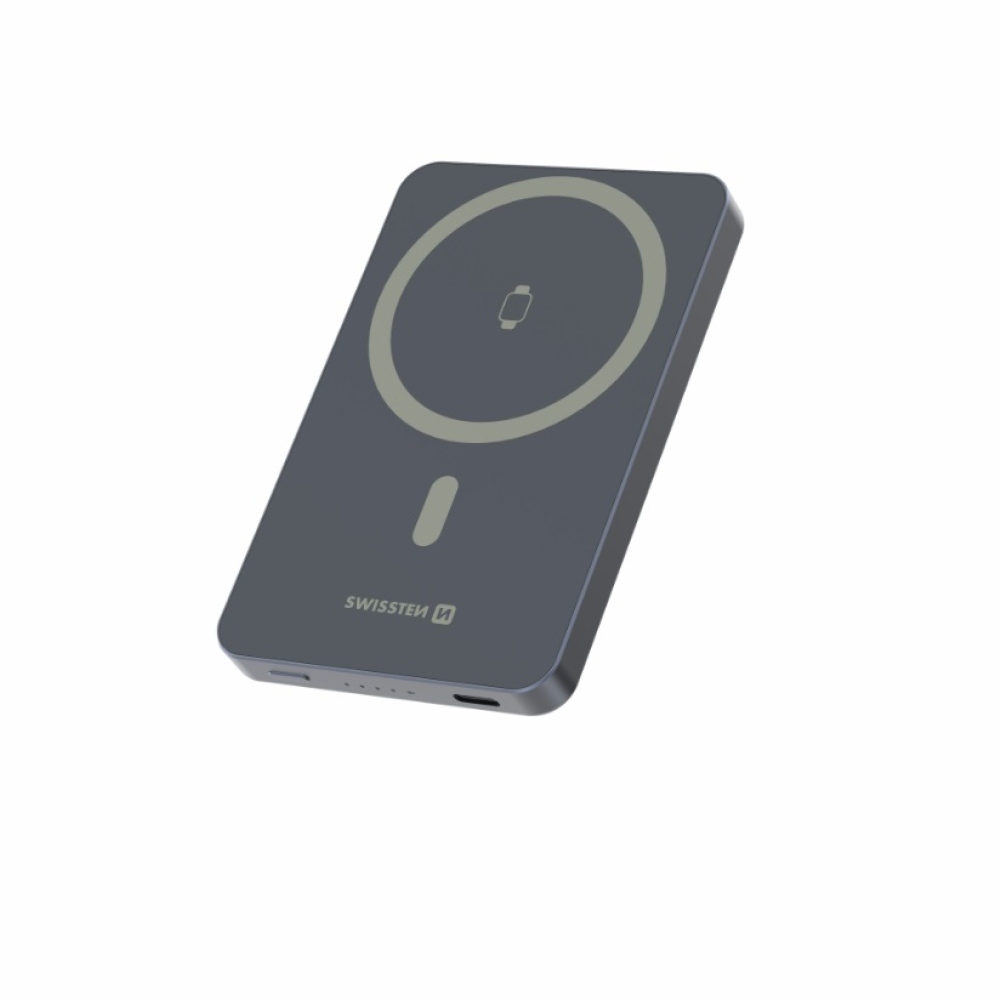 Swissten PowerBank Fusion 5000 mAh s nabíjaním Apple Watch (kompatibilný s MagSafe) - strieborná