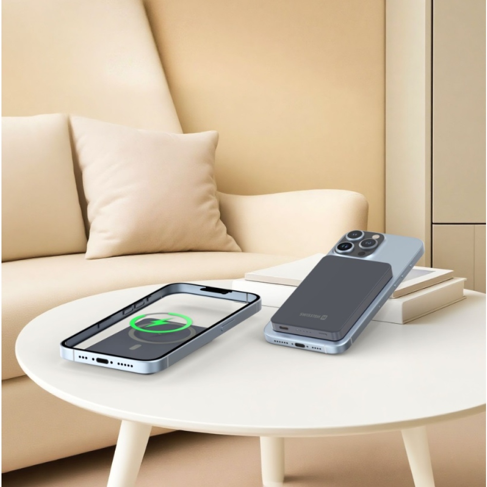 Swissten PowerBank Fusion 5000 mAh s nabíjaním Apple Watch (kompatibilný s MagSafe) - strieborná