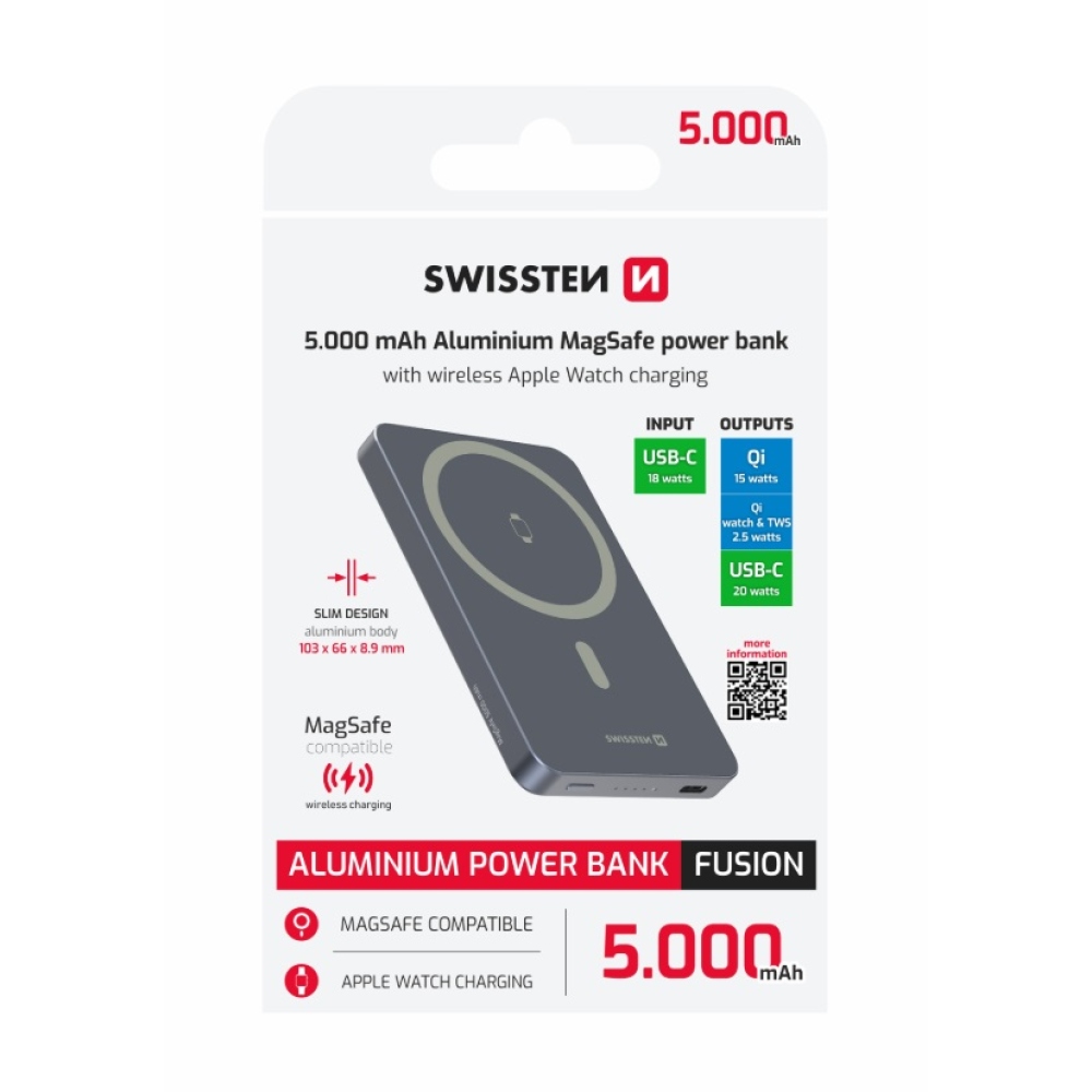 Swissten PowerBank Fusion 5000 mAh s nabíjaním Apple Watch (kompatibilný s MagSafe) - strieborná