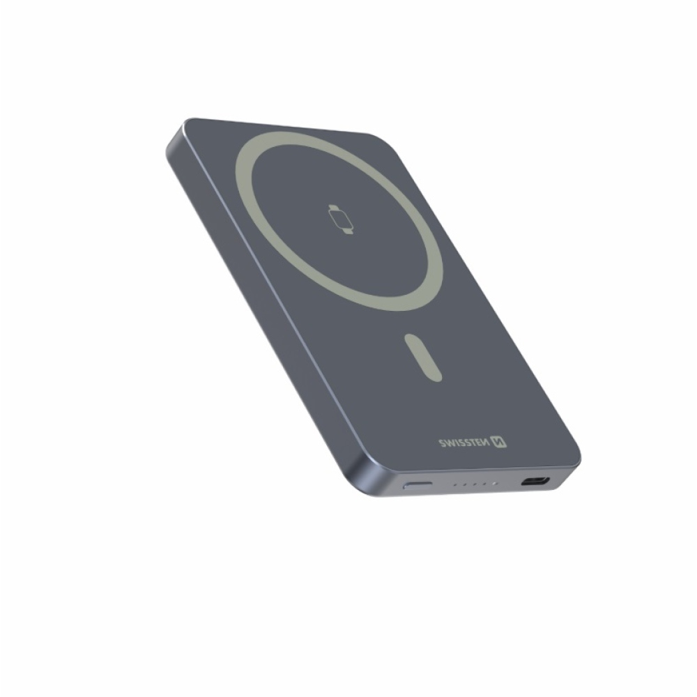 Swissten PowerBank Fusion 5000 mAh s nabíjaním Apple Watch (kompatibilný s MagSafe) - strieborná