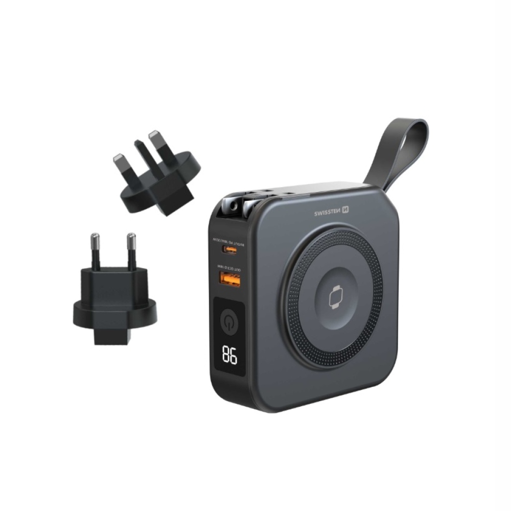 Swissten powerbanka All-in-one Pro s vymeniteľnými vidlicami (USA, EU, UK) 10000 mAh 20 W - čierna