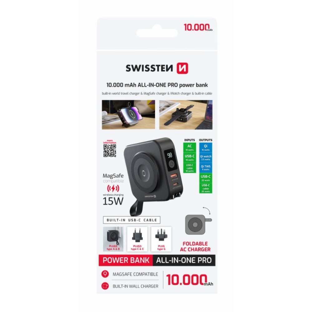 Swissten powerbanka All-in-one Pro s vymeniteľnými vidlicami (USA, EU, UK) 10000 mAh 20 W - čierna
