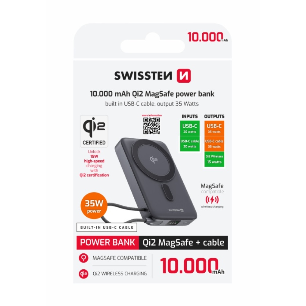 Swissten powerbanka MagSafe Qi2 15 W, 10000 mAh s integrovaným káblom USB-C - čierna