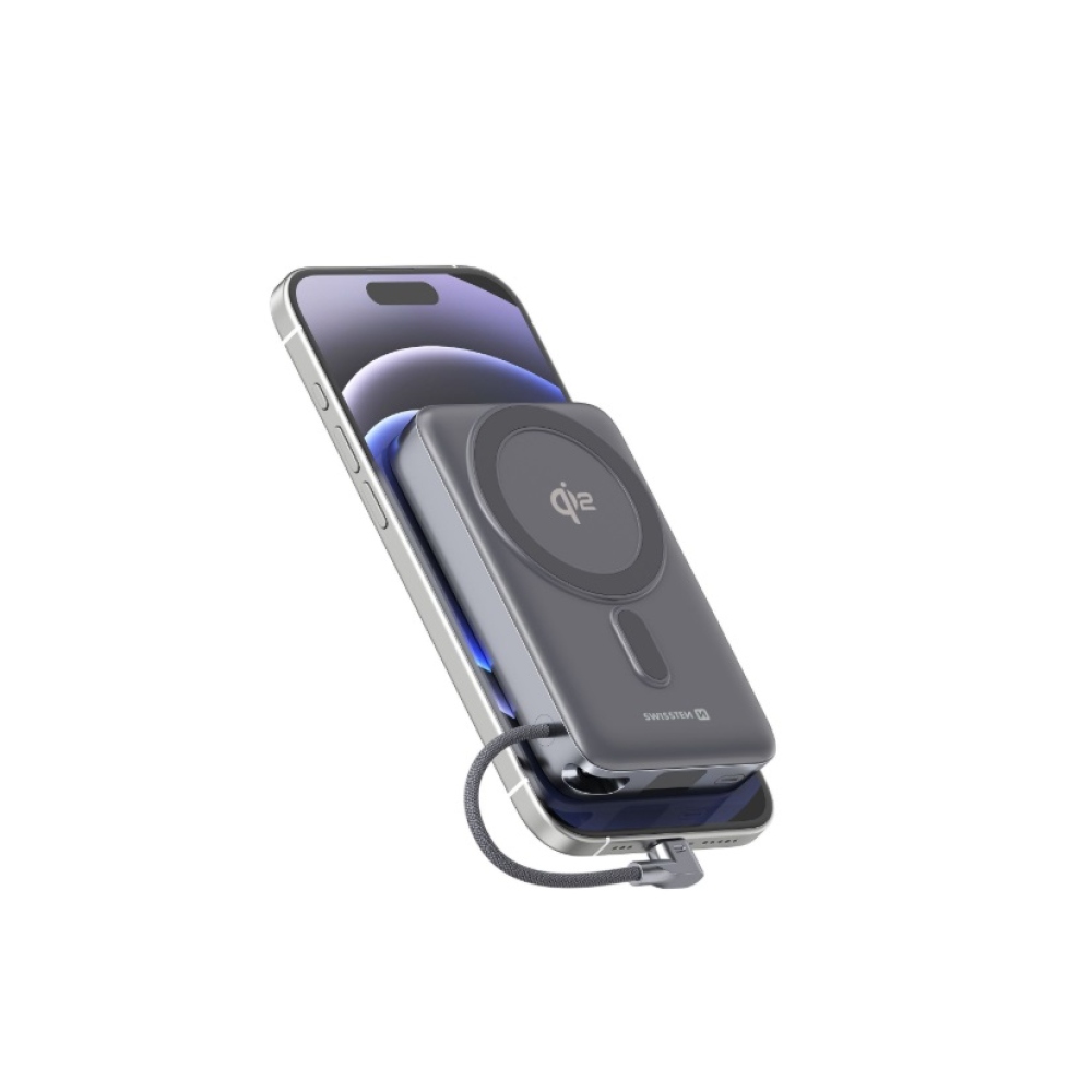 Swissten powerbanka MagSafe Qi2 15 W, 10000 mAh s integrovaným káblom USB-C - čierna