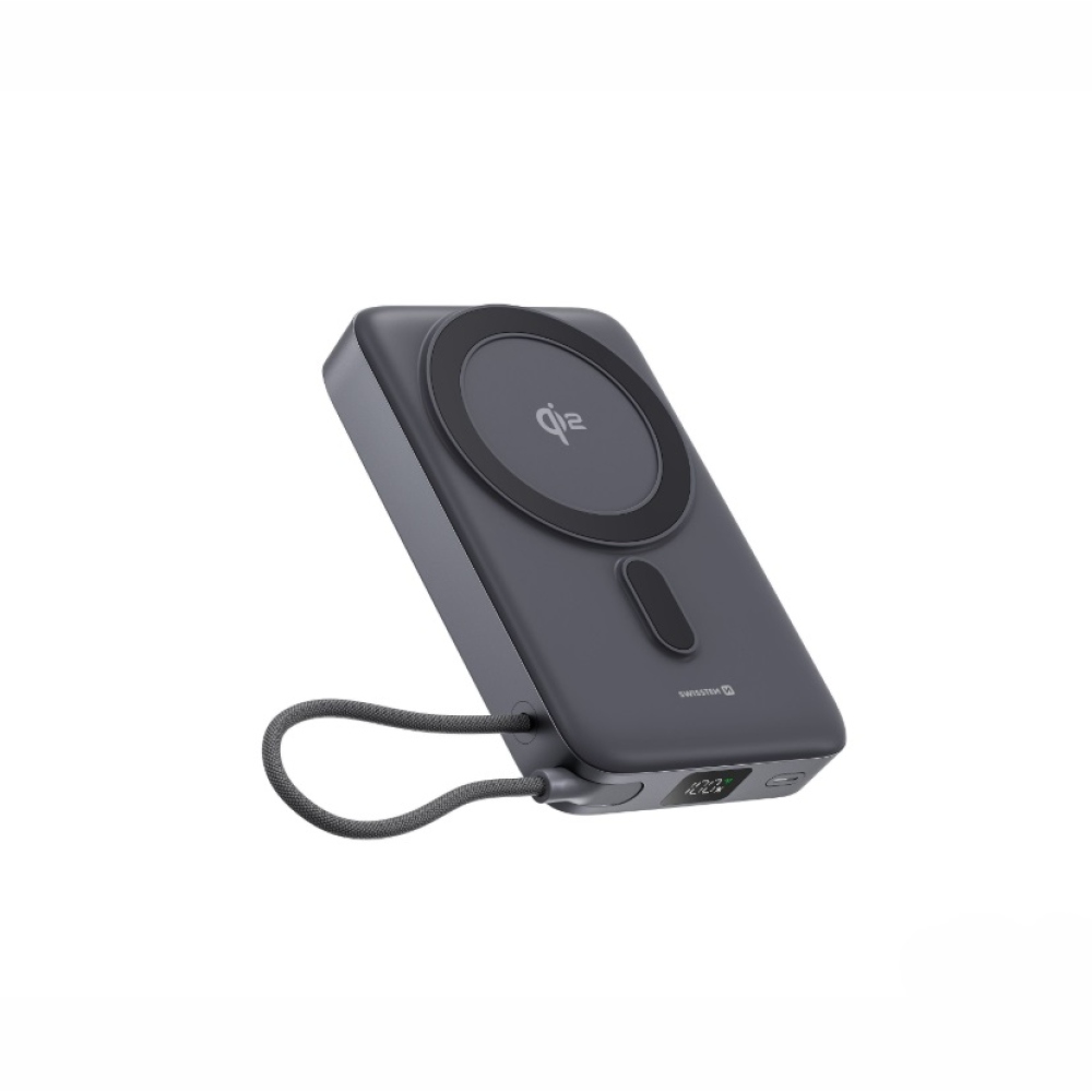 Swissten powerbanka MagSafe Qi2 15 W, 10000 mAh s integrovaným káblom USB-C - čierna