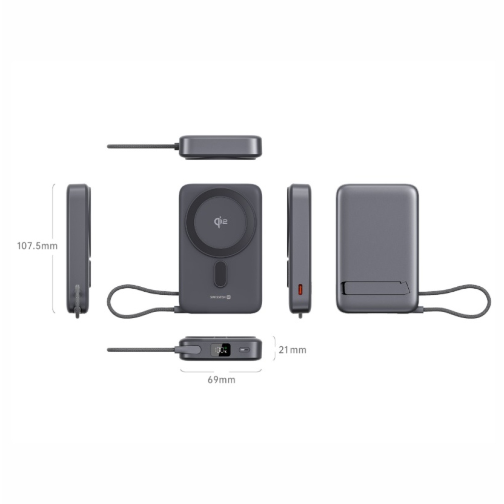 Swissten powerbanka MagSafe Qi2 15 W, 10000 mAh s integrovaným káblom USB-C - čierna