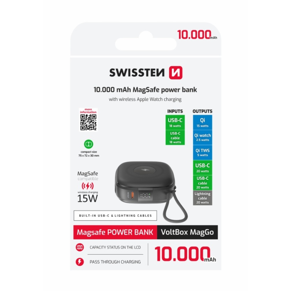 Swissten powerbanka Voltbox MagGo 10 000 mAh s integrovanými káblami + MagSafe + Applewatch