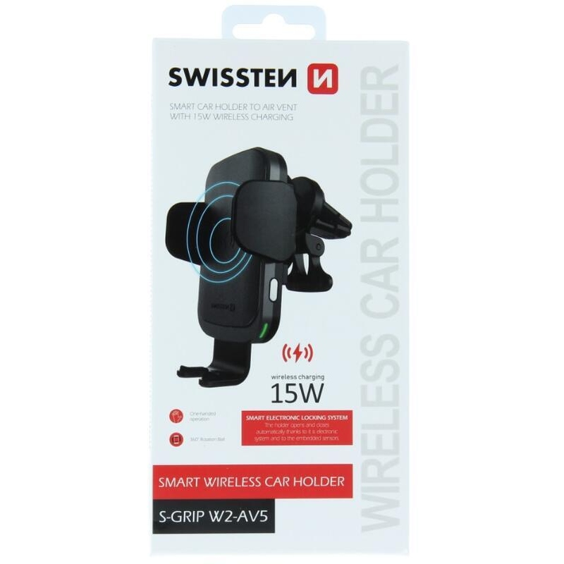 Swissten S-GRIP W2-AV5 Smart držiak do vetráčika s bezdrôtovým dobíjaním 15W - čierny