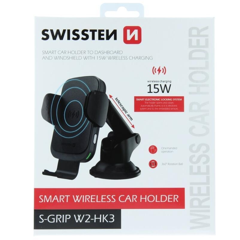 Swissten S-GRIP W2-HK3 Smart držiak na palubnú dosku s bezdrôtovým dobíjaním 15W - čierny