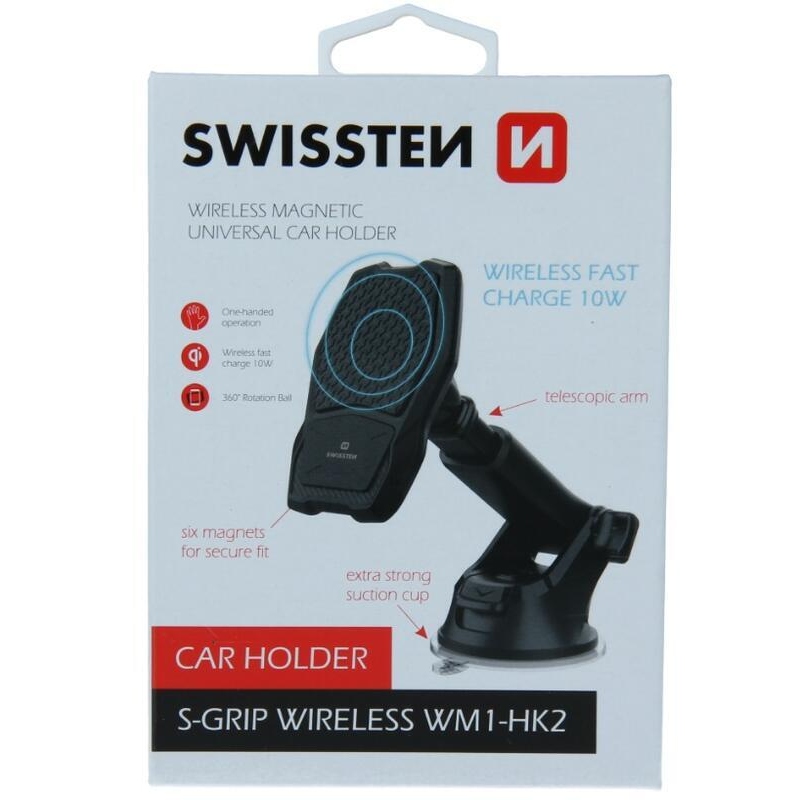 Swissten S-GRIP WM1-HK2 Magnetický držiak na palubnú dosku s bezdrôtovým dobíjaním - čierny