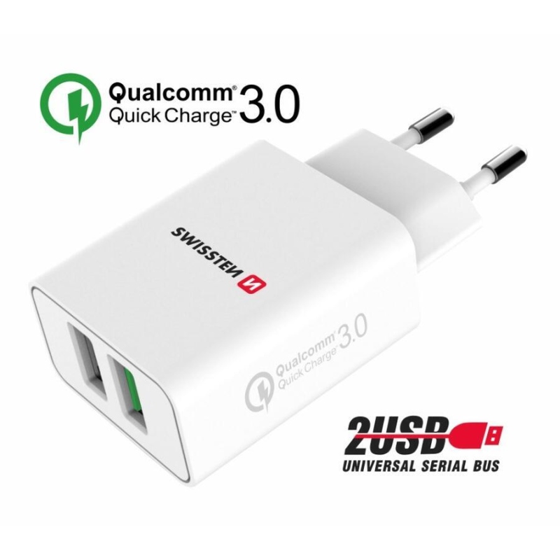 Swissten sieťový adaptér 2x USB QC 3.0 + USB, 23W - biely