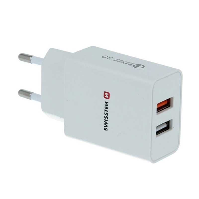 Swissten sieťový adaptér 2x USB QC 3.0 + USB, 23W - biely