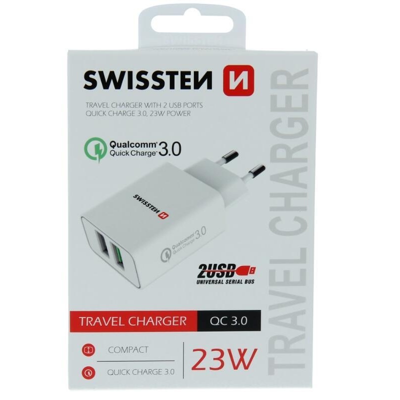 Swissten sieťový adaptér 2x USB QC 3.0 + USB, 23W - biely