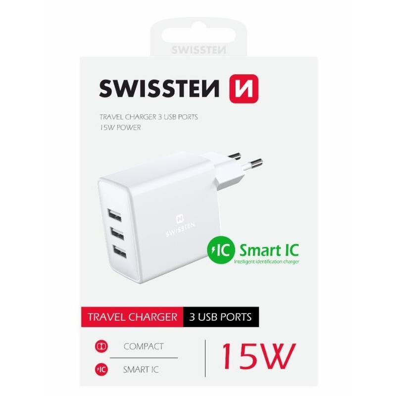 Swissten sieťový adaptér 3x USB, 3A, 15W - biely