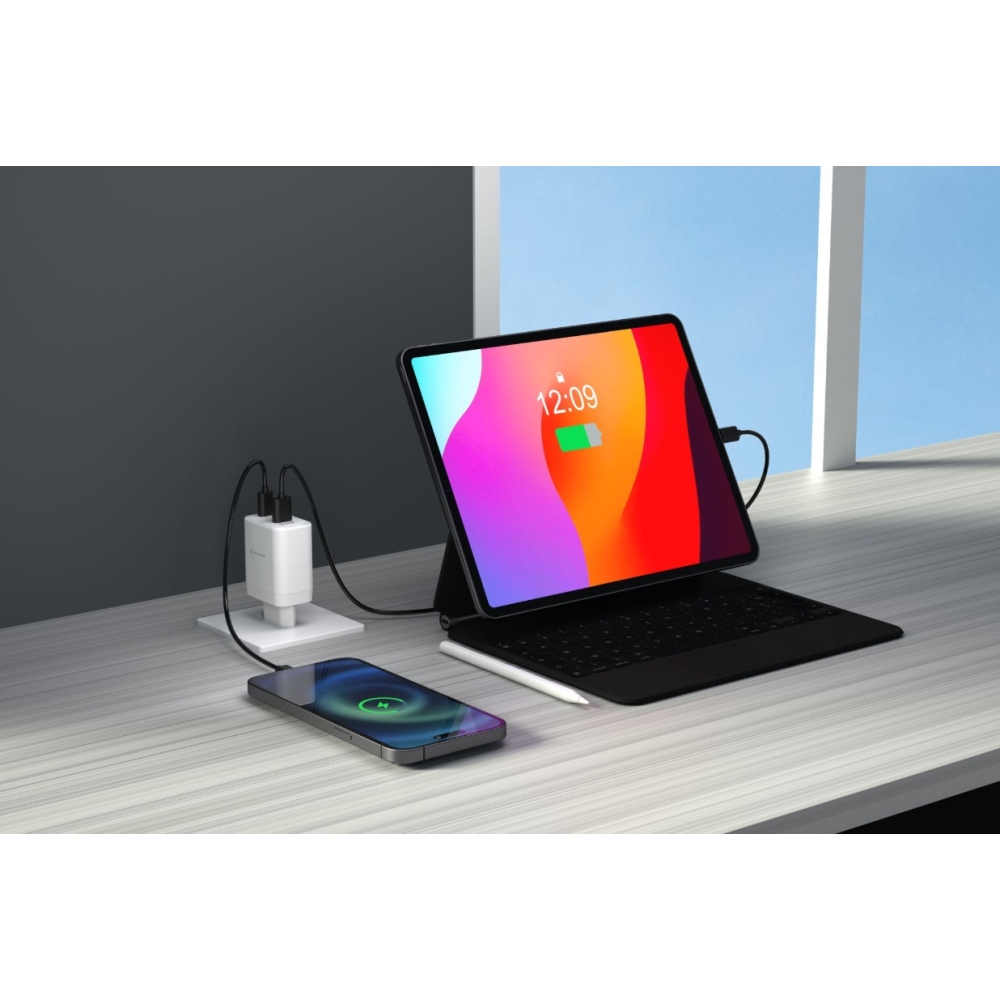SWISSTEN sieťový adaptér jadro GaN 1x USB-C 45W PD + 1x USB-A 18W QC - biely