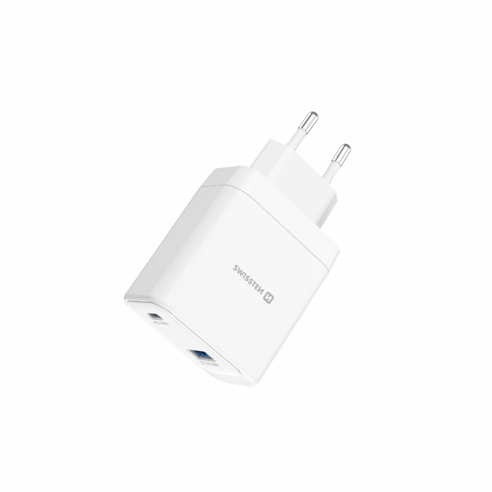 SWISSTEN sieťový adaptér jadro GaN 1x USB-C 45W PD + 1x USB-A 18W QC - biely