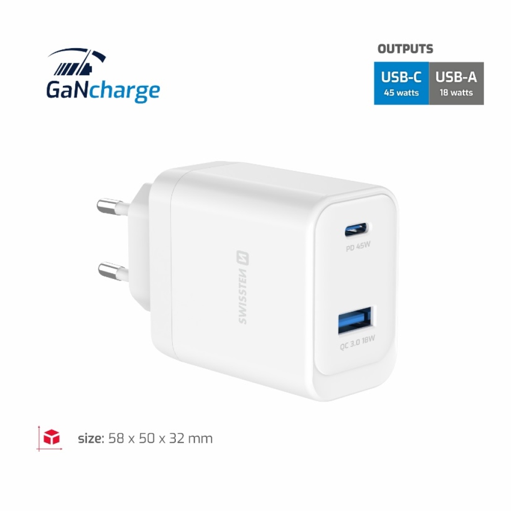 SWISSTEN sieťový adaptér jadro GaN 1x USB-C 45W PD + 1x USB-A 18W QC - biely
