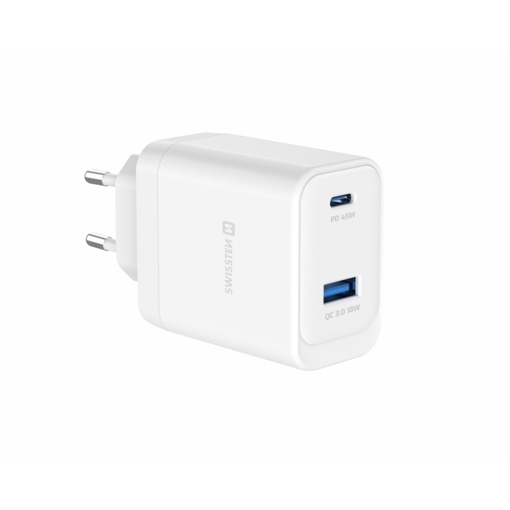 SWISSTEN sieťový adaptér jadro GaN 1x USB-C 45W PD + 1x USB-A 18W QC - biely