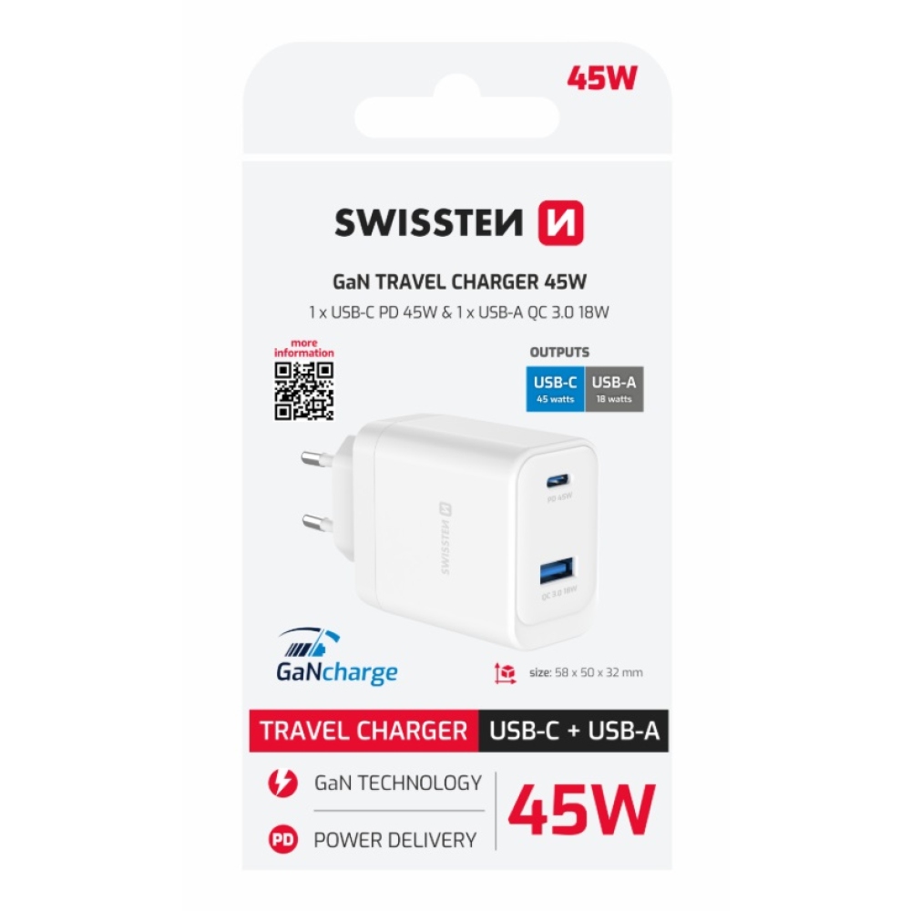 SWISSTEN sieťový adaptér jadro GaN 1x USB-C 45W PD + 1x USB-A 18W QC - biely
