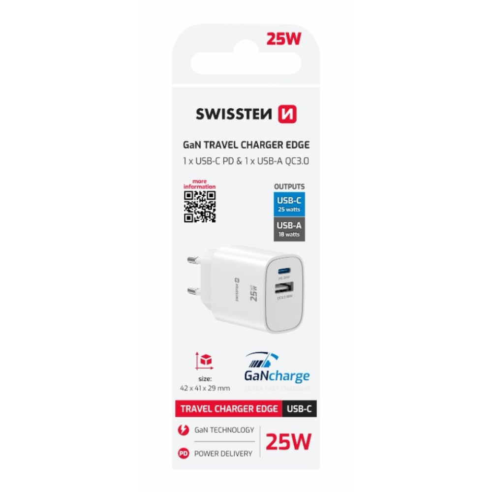 SWISSTEN sieťový adaptér edge 1x USB-C PD 25W + 1x USB-A 18W QC - biely