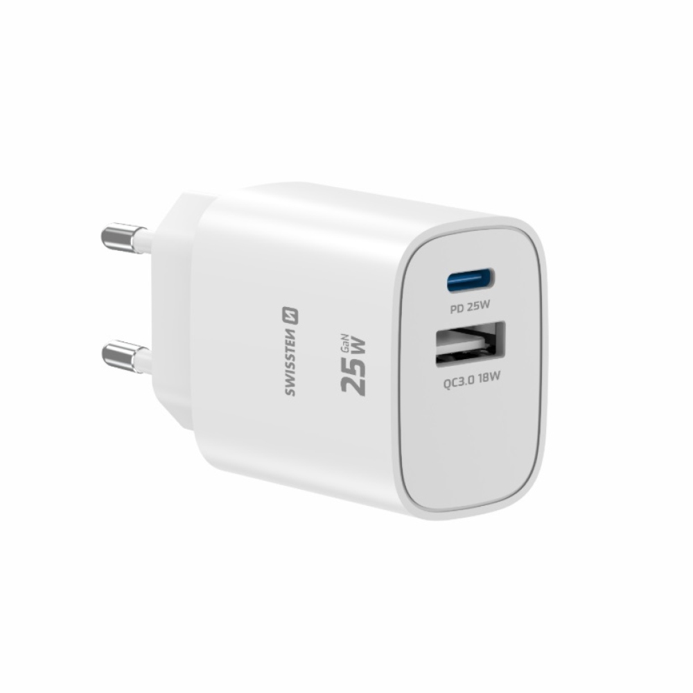 SWISSTEN sieťový adaptér edge 1x USB-C PD 25W + 1x USB-A 18W QC - biely
