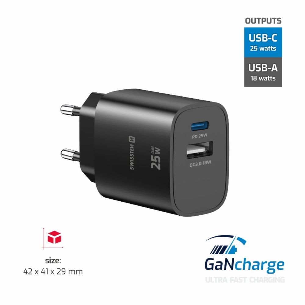 SWISSTEN sieťový adaptér edge 1x USB-C PD 25W + 1x USB-A 18W QC - čierny