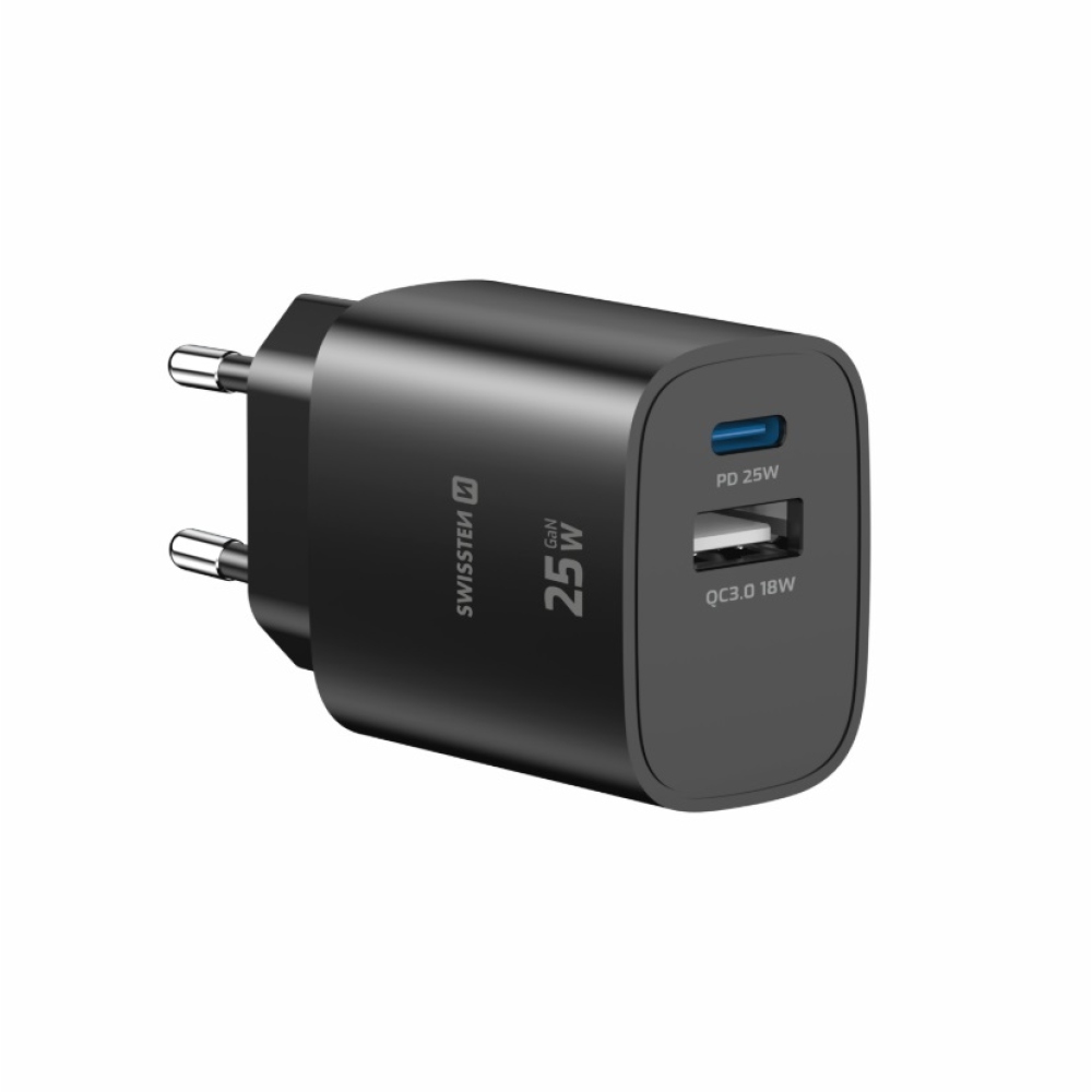 SWISSTEN sieťový adaptér edge 1x USB-C PD 25W + 1x USB-A 18W QC - čierny