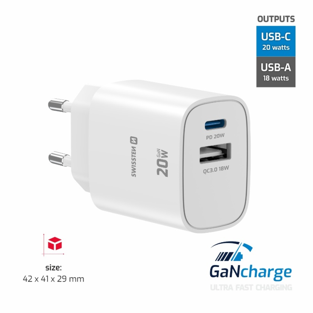 SWISSTEN sieťový adaptér edge GaN 1x USB-C PD 20W + 1x USB-A 18W QC - biely