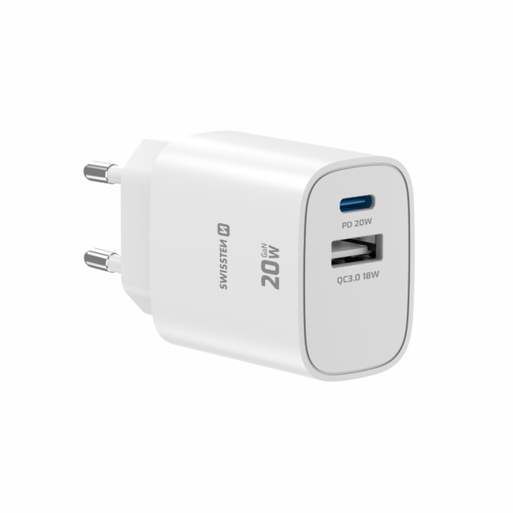SWISSTEN sieťový adaptér edge GaN 1x USB-C PD 20W + 1x USB-A 18W QC - biely