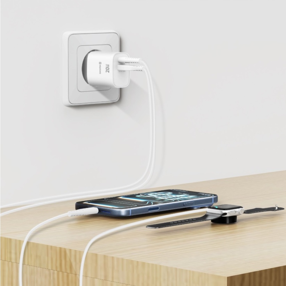 SWISSTEN sieťový adaptér edge GaN 1x USB-C PD 20W + 1x USB-A 18W QC - biely