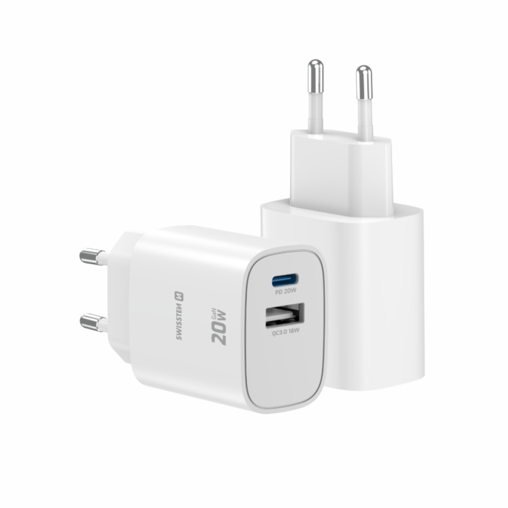 SWISSTEN sieťový adaptér edge GaN 1x USB-C PD 20W + 1x USB-A 18W QC - biely
