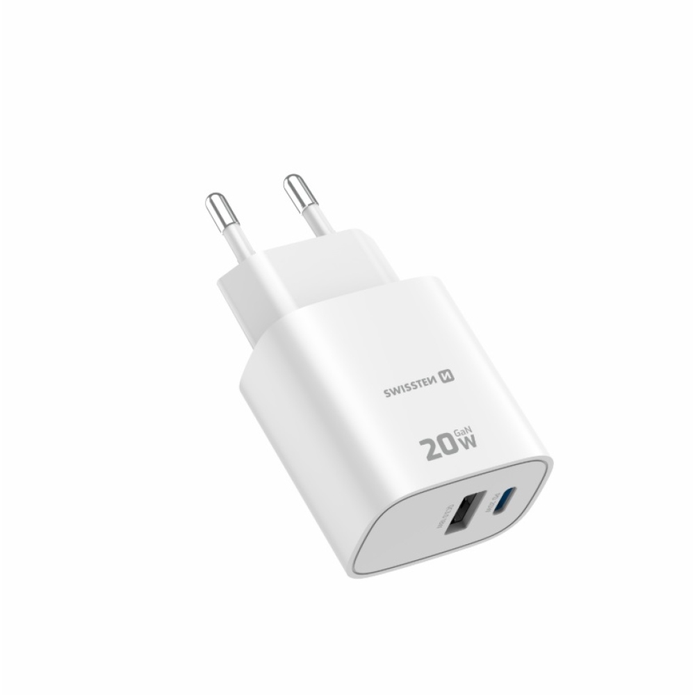 SWISSTEN sieťový adaptér edge GaN 1x USB-C PD 20W + 1x USB-A 18W QC - biely