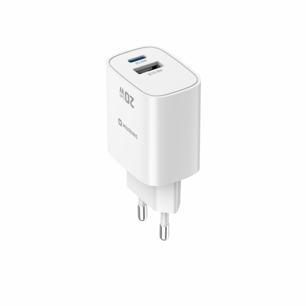 SWISSTEN sieťový adaptér edge GaN 1x USB-C PD 20W + 1x USB-A 18W QC - biely