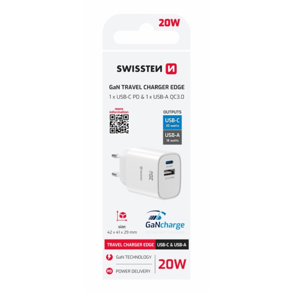 SWISSTEN sieťový adaptér edge GaN 1x USB-C PD 20W + 1x USB-A 18W QC - biely