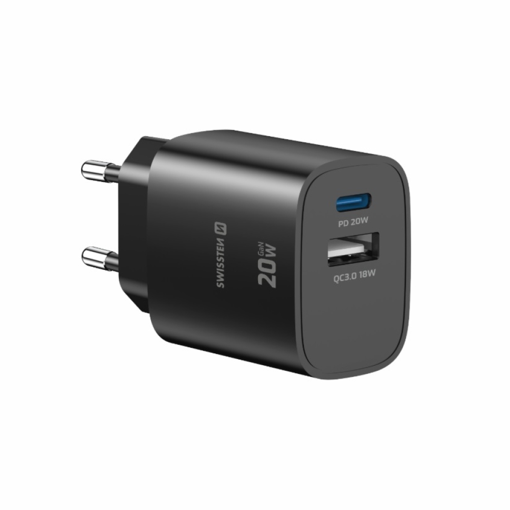SWISSTEN sieťový adaptér edge GaN 1x USB-C PD 20W + 1x USB-A 18W QC - čierny