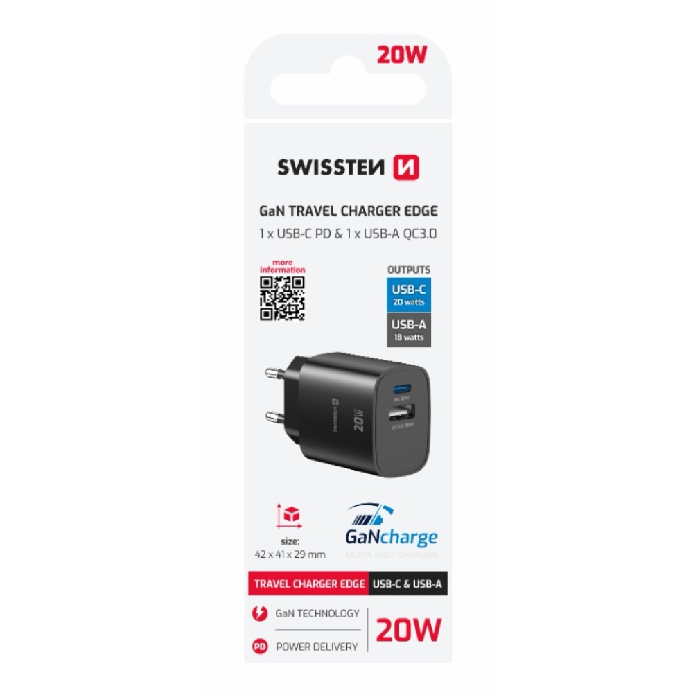 SWISSTEN sieťový adaptér edge GaN 1x USB-C PD 20W + 1x USB-A 18W QC - čierny