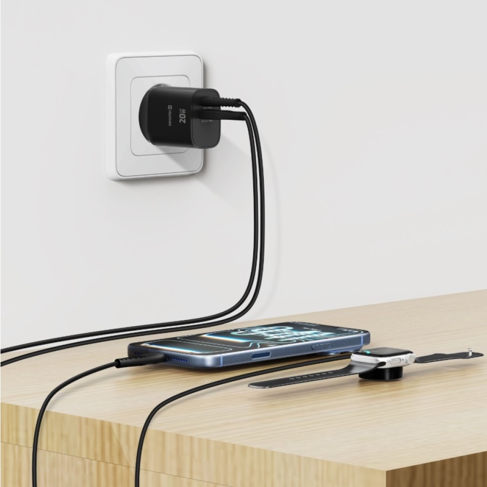 SWISSTEN sieťový adaptér edge GaN 1x USB-C PD 20W + 1x USB-A 18W QC - čierny