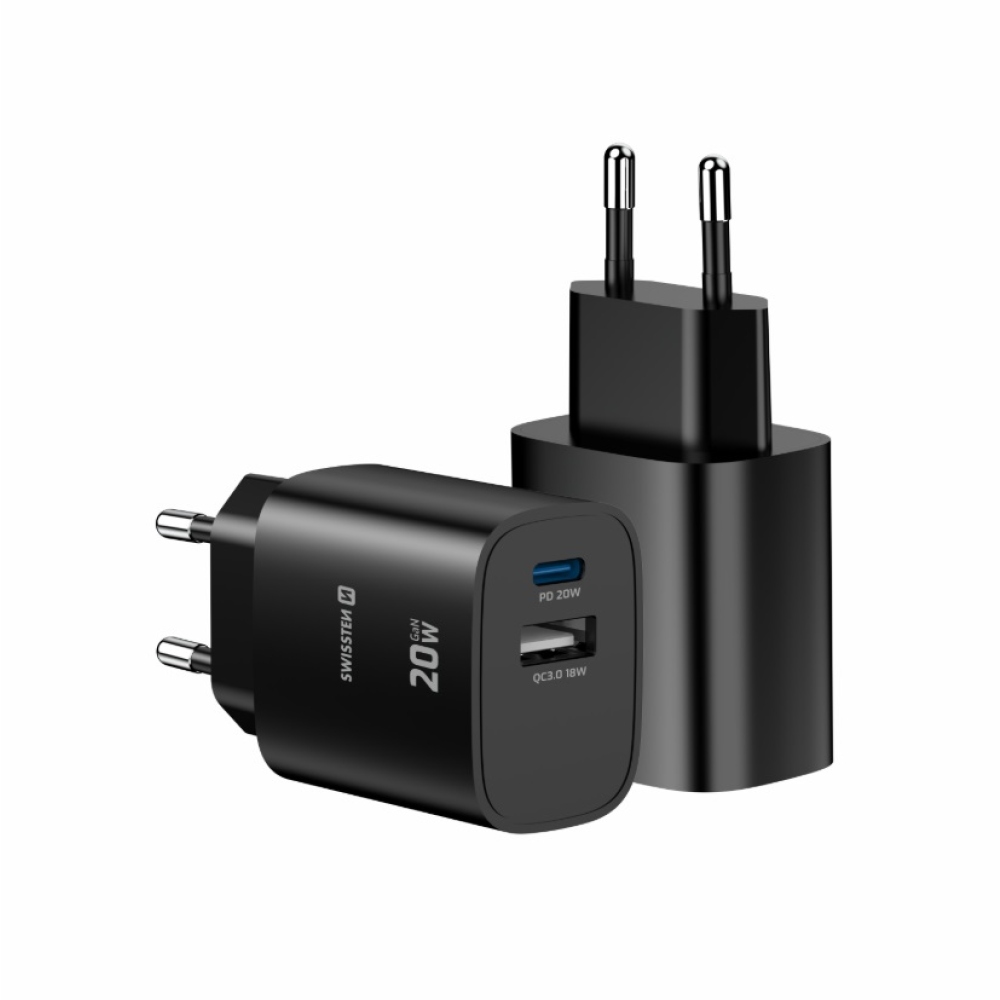 SWISSTEN sieťový adaptér edge GaN 1x USB-C PD 20W + 1x USB-A 18W QC - čierny