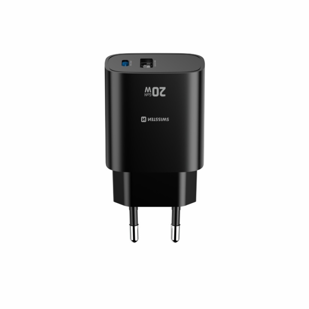 SWISSTEN sieťový adaptér edge GaN 1x USB-C PD 20W + 1x USB-A 18W QC - čierny