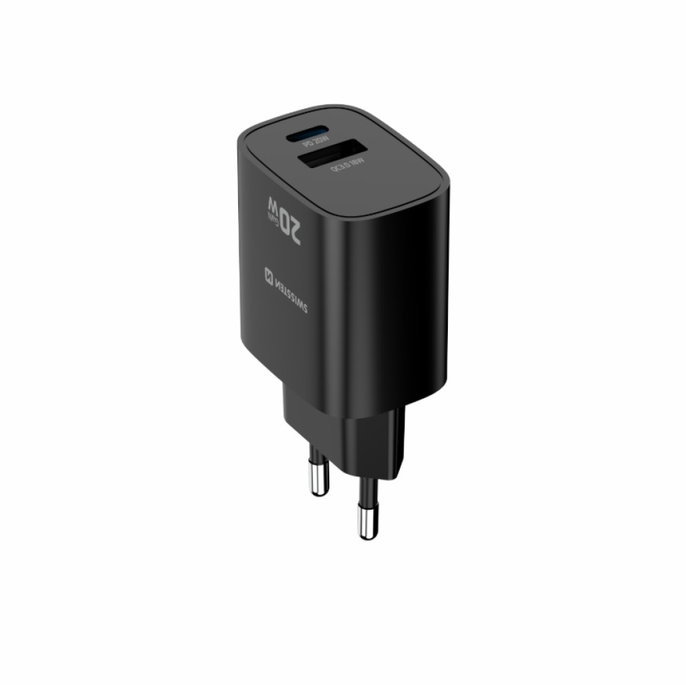 SWISSTEN sieťový adaptér edge GaN 1x USB-C PD 20W + 1x USB-A 18W QC - čierny