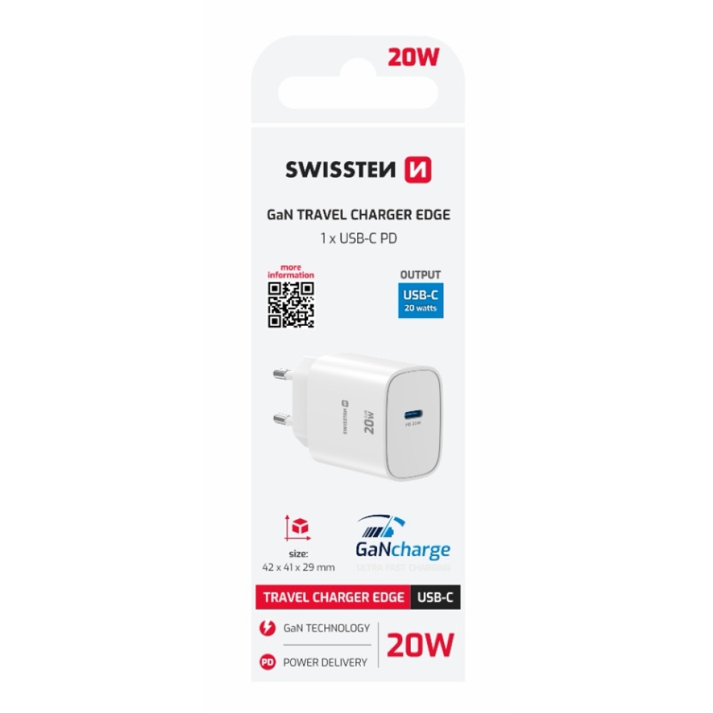 SWISSTEN sieťový adaptér edge GaN 1x USB-C PD 20W - biely