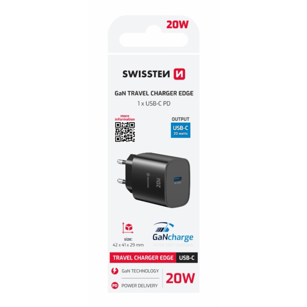 SWISSTEN sieťový adaptér edge GaN 1x USB-C PD 20W - čierny
