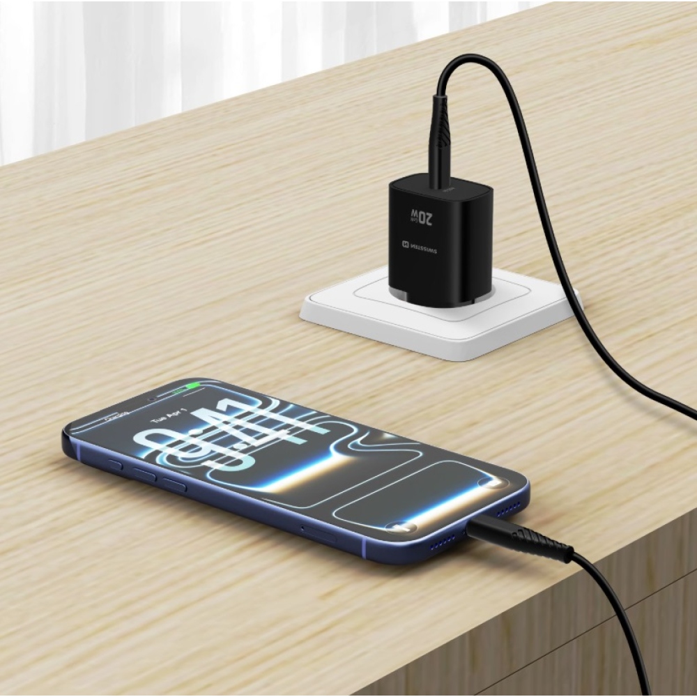 SWISSTEN sieťový adaptér edge GaN 1x USB-C PD 20W - čierny