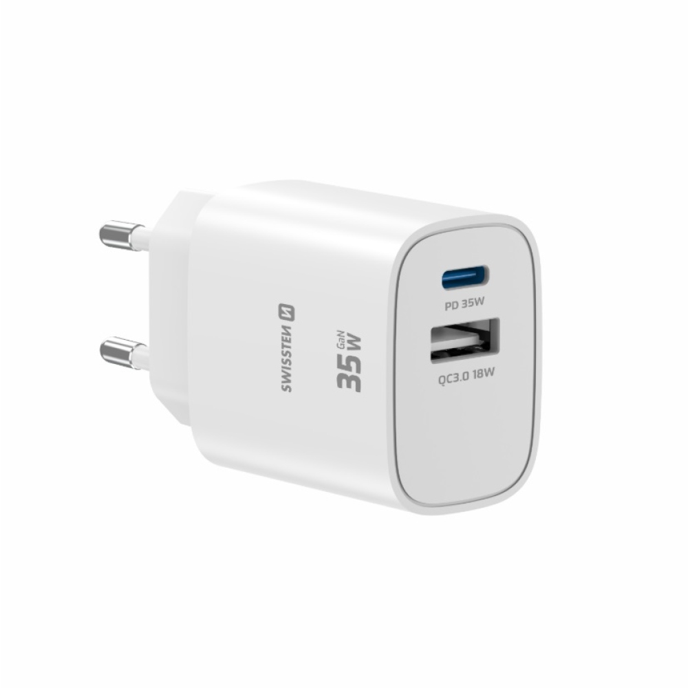 SWISSTEN sieťový adaptér edge GaN 1x USB-C PD 35W + 1x USB-A 18W QC - biely