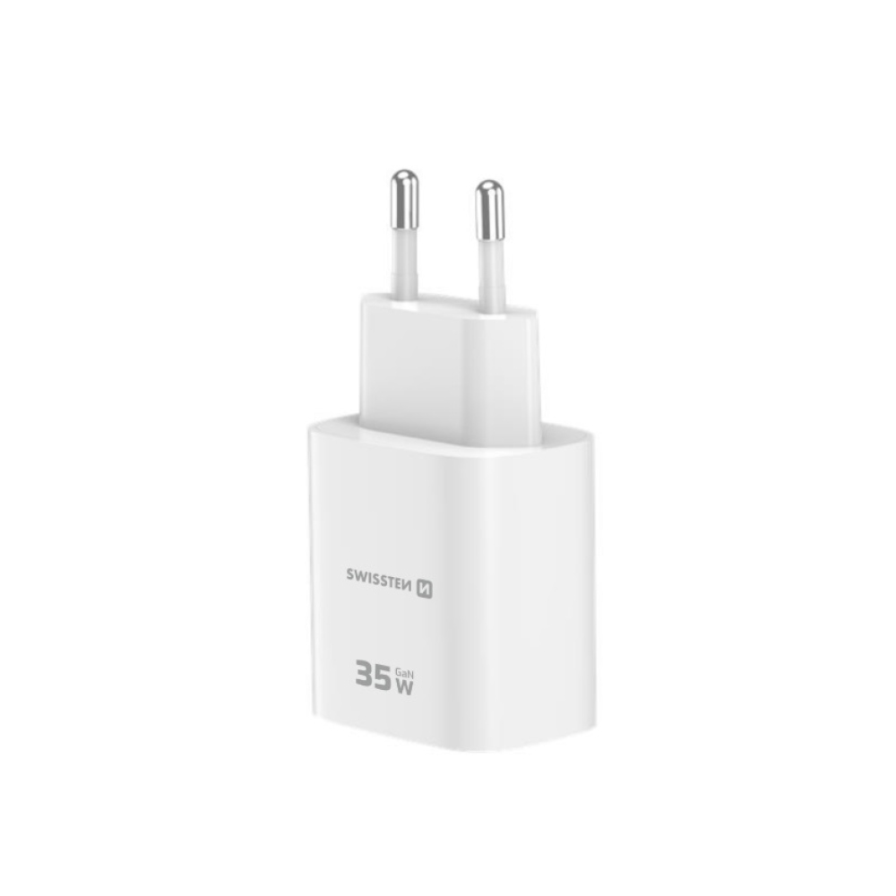 SWISSTEN sieťový adaptér edge GaN 1x USB-C PD 35W + 1x USB-A 18W QC - biely