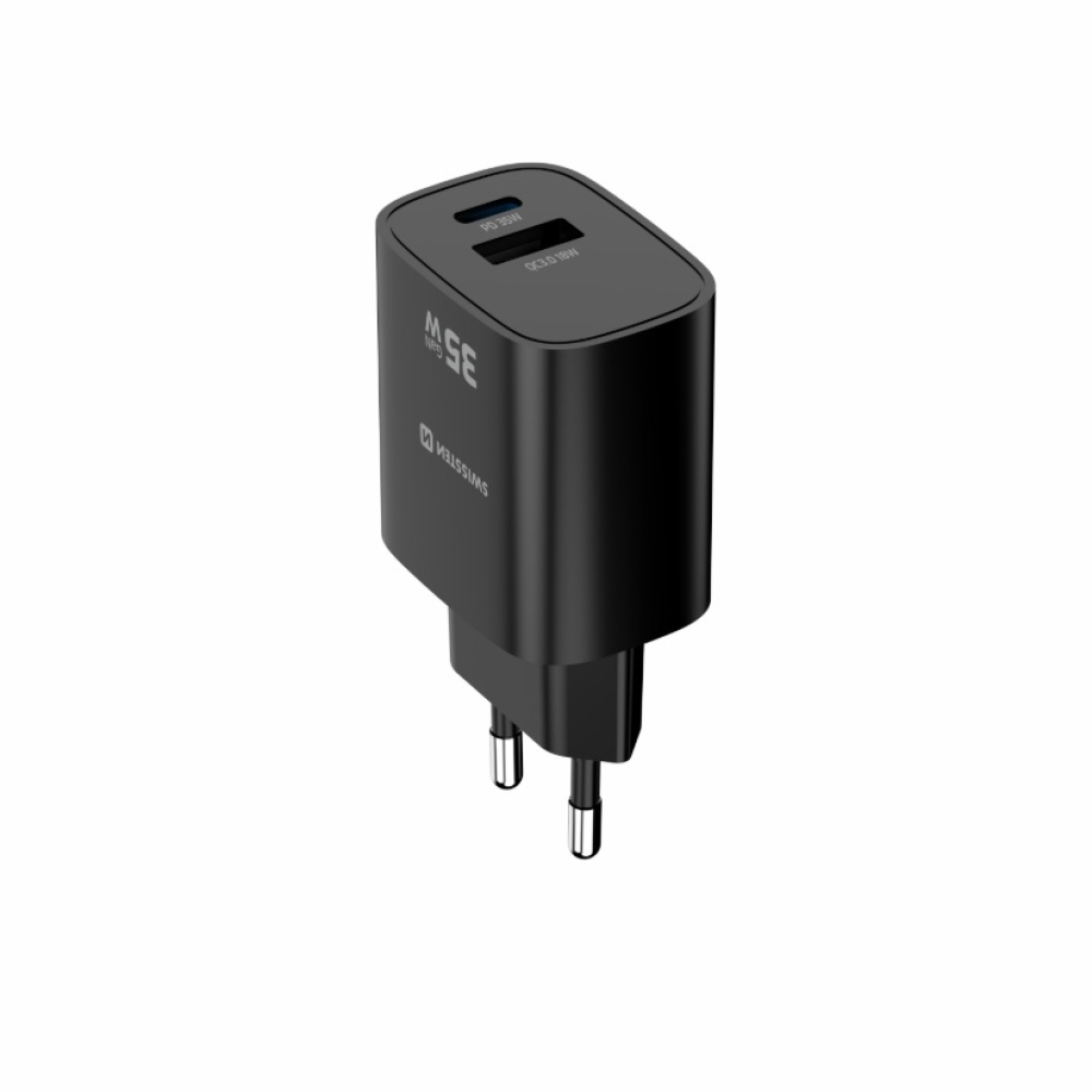 SWISSTEN sieťový adaptér edge GaN 1x USB-C PD 35W + 1x USB-A 18W QC - čierny