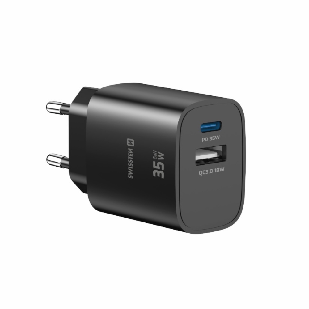 SWISSTEN sieťový adaptér edge GaN 1x USB-C PD 35W + 1x USB-A 18W QC - čierny