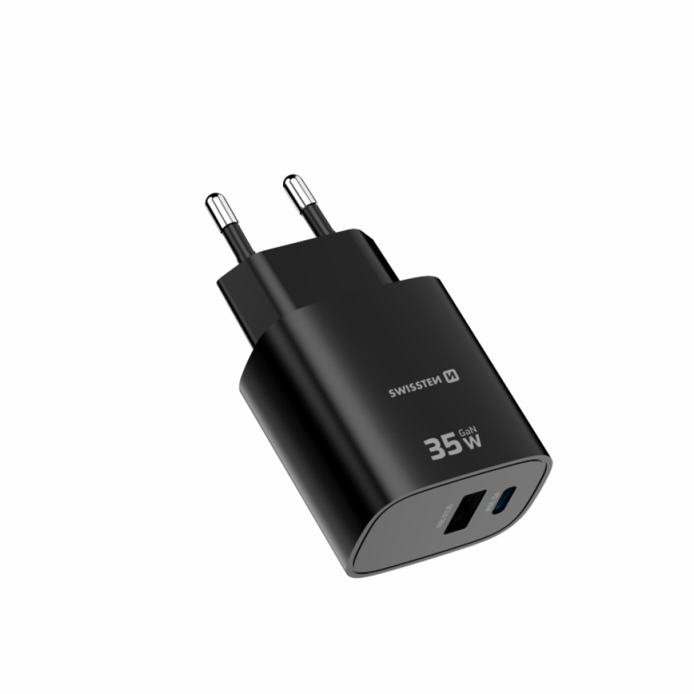 SWISSTEN sieťový adaptér edge GaN 1x USB-C PD 35W + 1x USB-A 18W QC - čierny